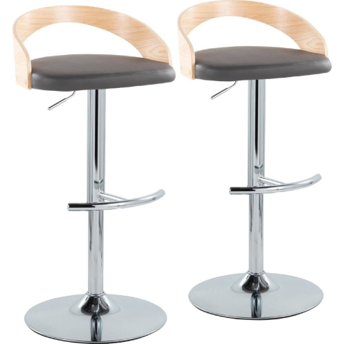 Grotto Adjustable Swivel Bar Stool in Chrome, Natural Wood & Grey Leatherette (Set of 2)